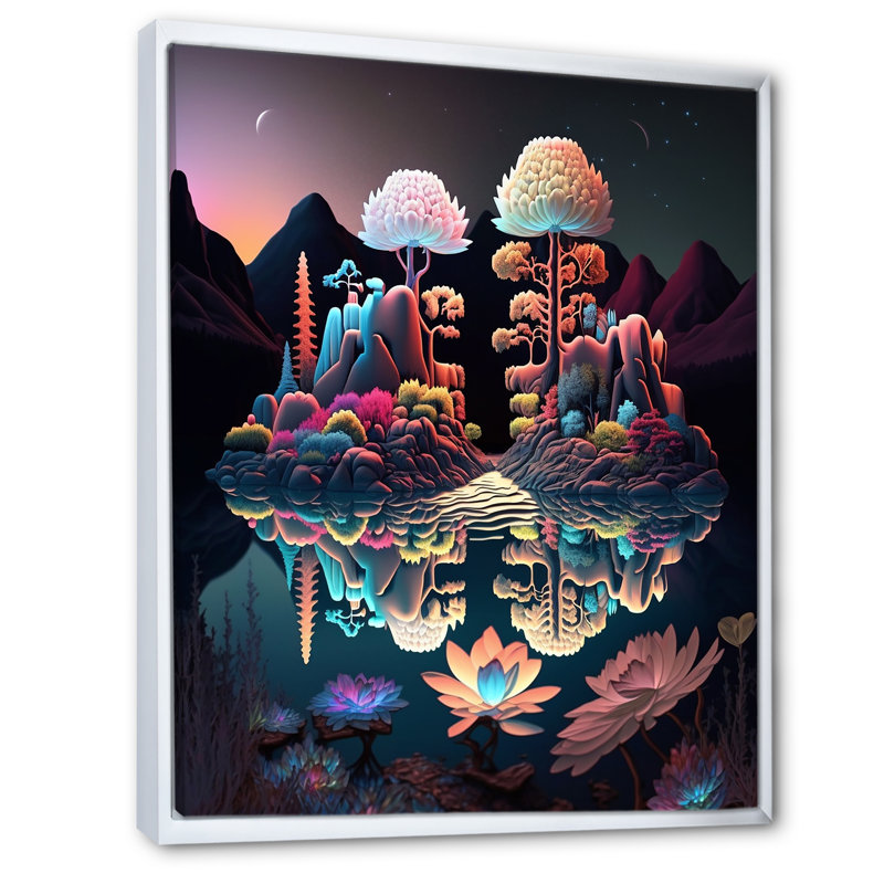 «Abstract Nocturnal Flora Mysterious Lake», reproduction sur toile, H 32 po x l 24 po x P 1 po, Cadre flottant blanc