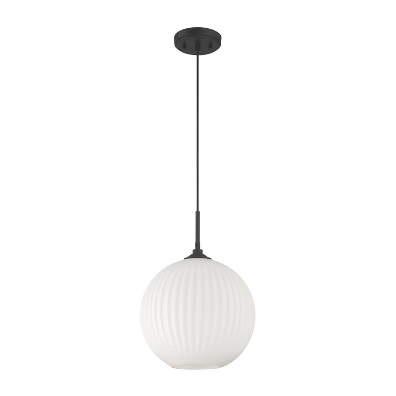 1 - Light Ribbed Frosted Glass Globe Pendant Light, Matte Black