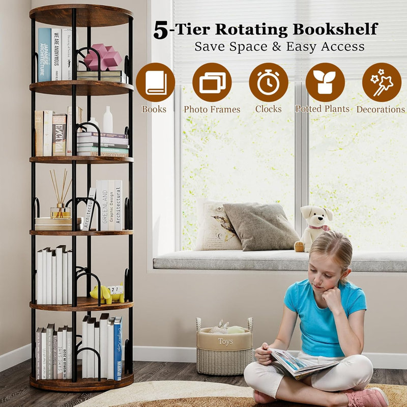 5-Tier Rotating Bookshelf, 360° Round Spinning Book Shelf Tower, Tall Skinny Wood & Metal Bookshelf, Black