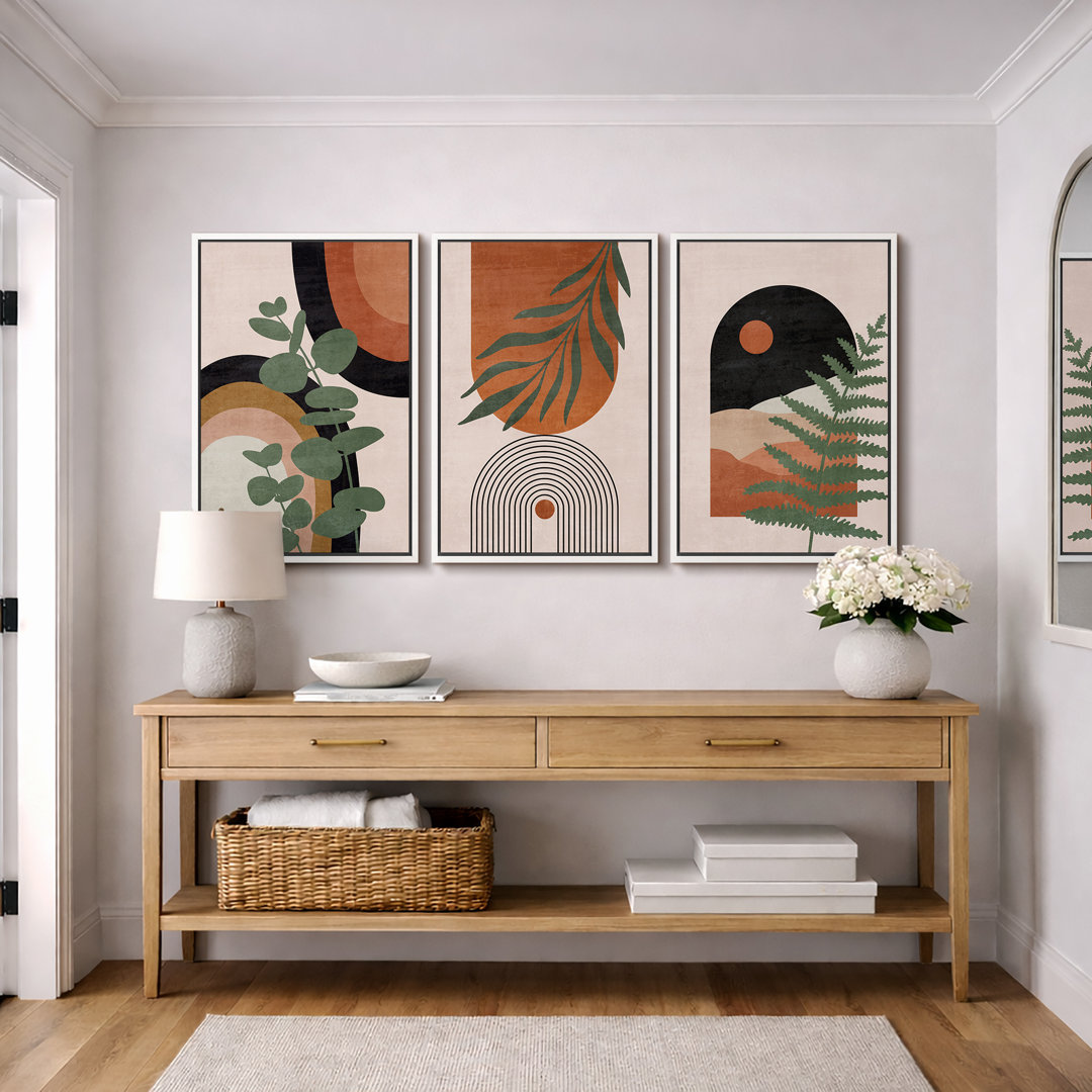 Mid Century Modern Boho Geometric Desert Dune Jungle Palm Leaf - 3 Piece Floater Frame Graphic Art Set on Canvas IDEA4WALL 