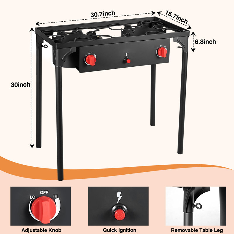 Bestfire 150,000 BTU 2 Burner Propane Stove, High Pressure Outdoor Gas Cooker with Removable Legs, 20 PSI Adjustable Regulator and 4 ft. Hose