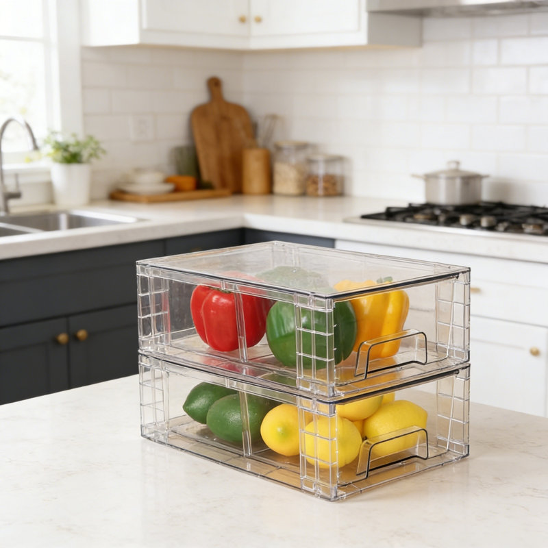 4 Pack Stackable Storage Drawers, Clear Acrylic Drawer Organizers With Handles, For Fridge Bathroom Undersink Cabinet Pantry