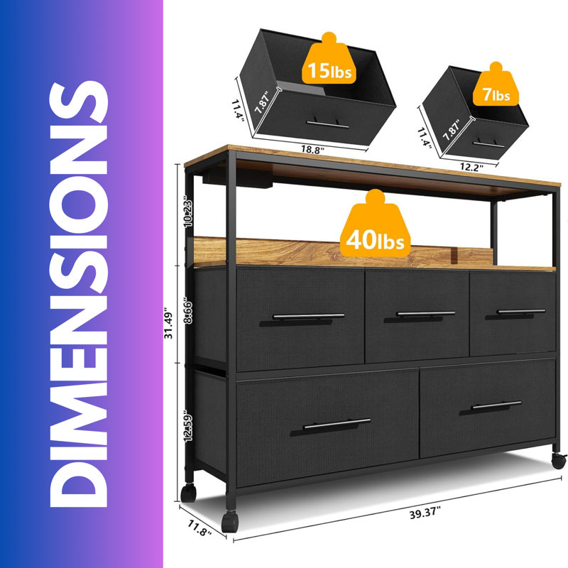 5 Fabric Drawer Bedroom Dresser With Charging Station, Black