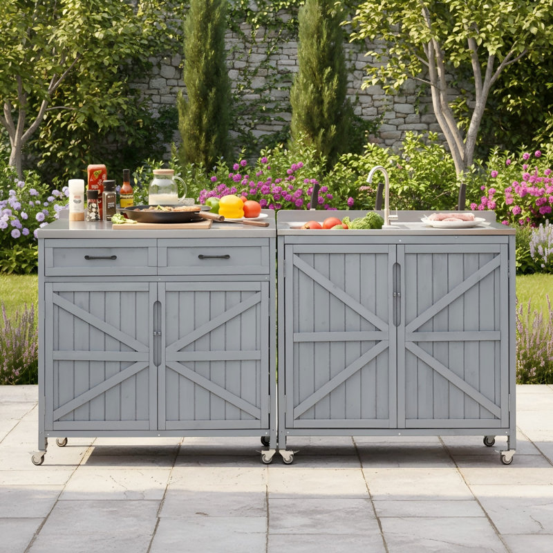 Two-Piece Outdoor Kitchen Island Set In Gray-Blue, Modular Solid Wood Construction, With A 304 Stainless Steel Sink And Wheeled Storage Cabinets.