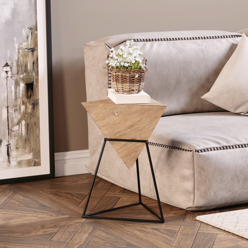 Brown Triangular MDF and Metal Geometric End Table