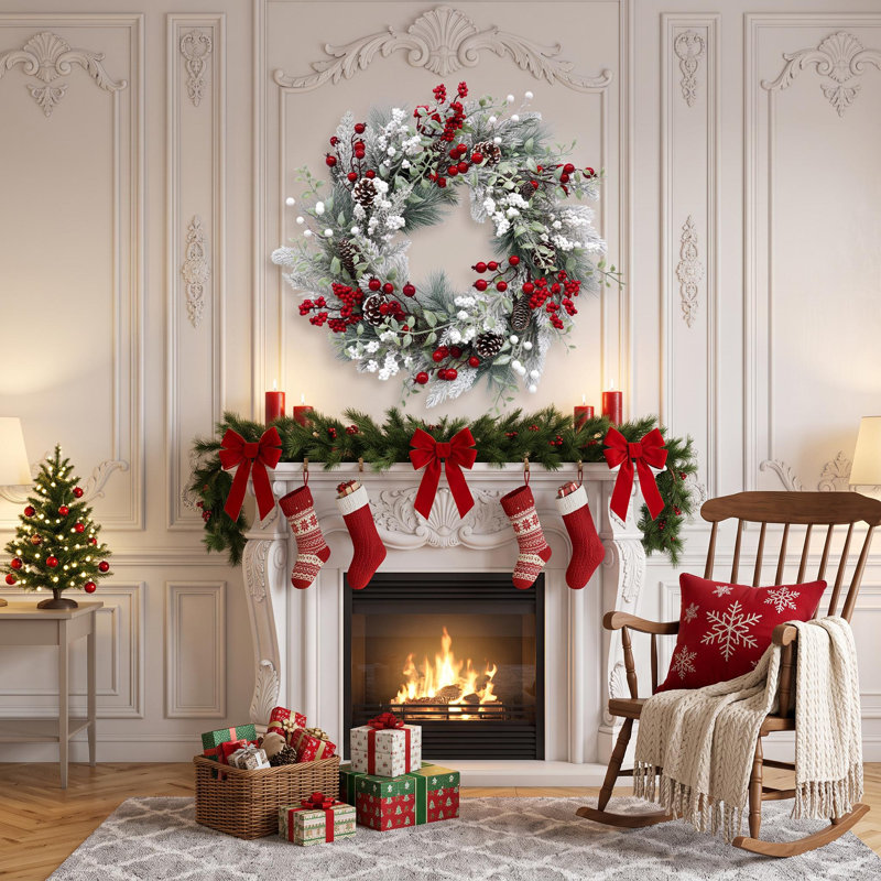 Couronne de Noël illuminée de 61 cm (24 po) avec des pommes de pin, 20 lumières DEL, 8 modes d'éclairage, feuillage en PVC, décoration intérieure et extérieure