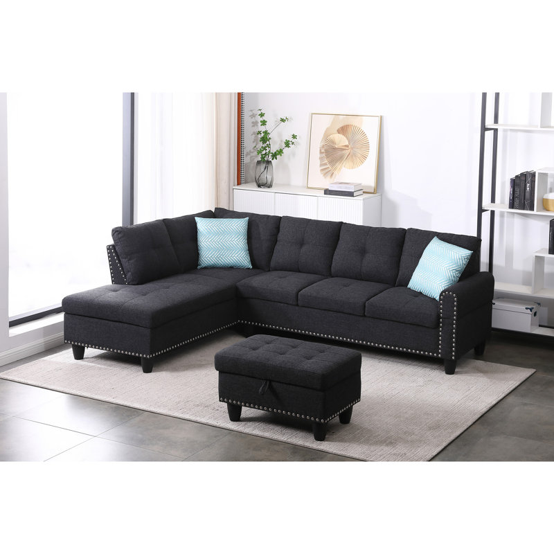 Canapé modulaire en forme de L 3 pièces pour marathons de cinéma, 4 places, siège central escamotable avec porte-gobelets, deux coussins décoratifs assortis et rangement intérieur assorti, structure en bois massif et en bois d'ingénierie