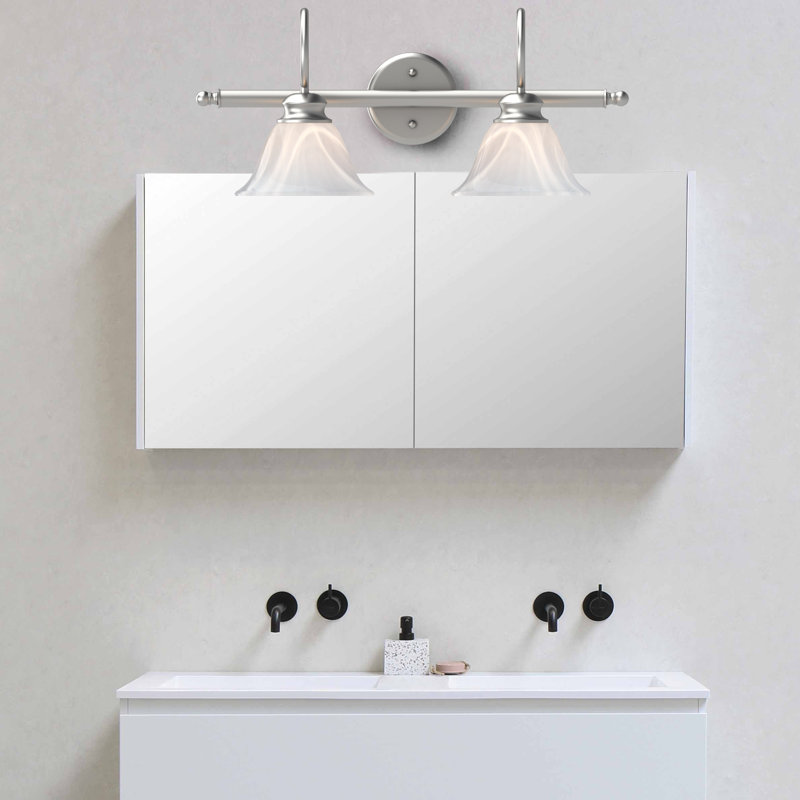 Troy 2-Light Indoor Brushed Nickel Bath or Vanity Wall Mount with Alabaster Glass Bell Shades, Brushed Nickel