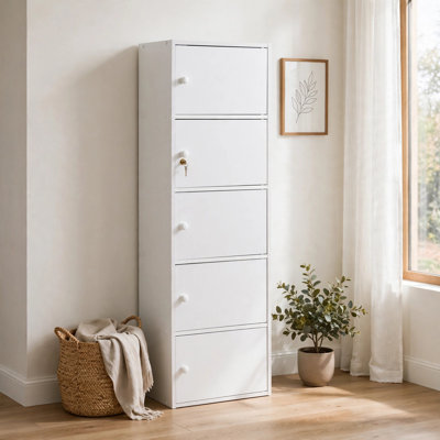 Armoire de rangement utilitaire 5 portes avec serrure en métal Joma, blanche, 56 pouces