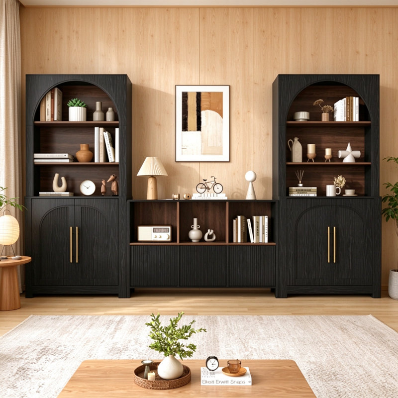 Ensemble de bibliothèque en bois arqué trois pièces avec armoires de rangement et tablettes réglables pour l'organisation de la maison