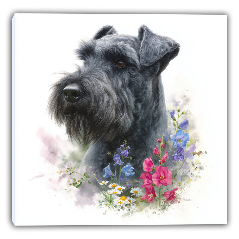 Schnauzer avec fleurs sauvages - art mural sur toile tendue, H 20 po x l 20 po