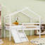 Lit mezzanine simple en bois en forme de maison avec échelle et toboggan-688792435