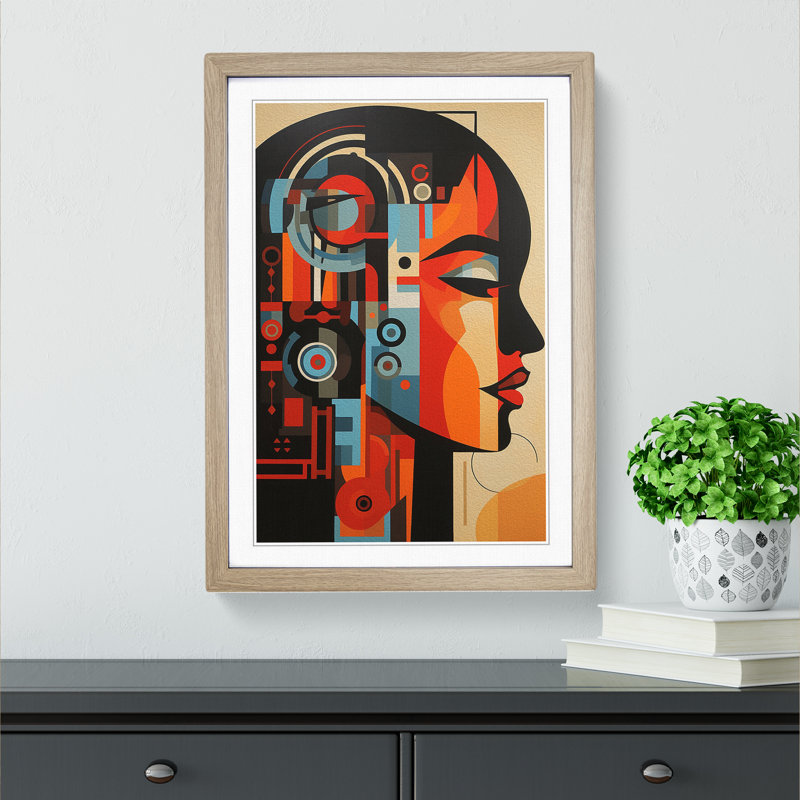 Indian Woman Constructivism No.3 - Single Picture Frame Print on Wood, Oak , 46cm H x 34cm W x 2cm D