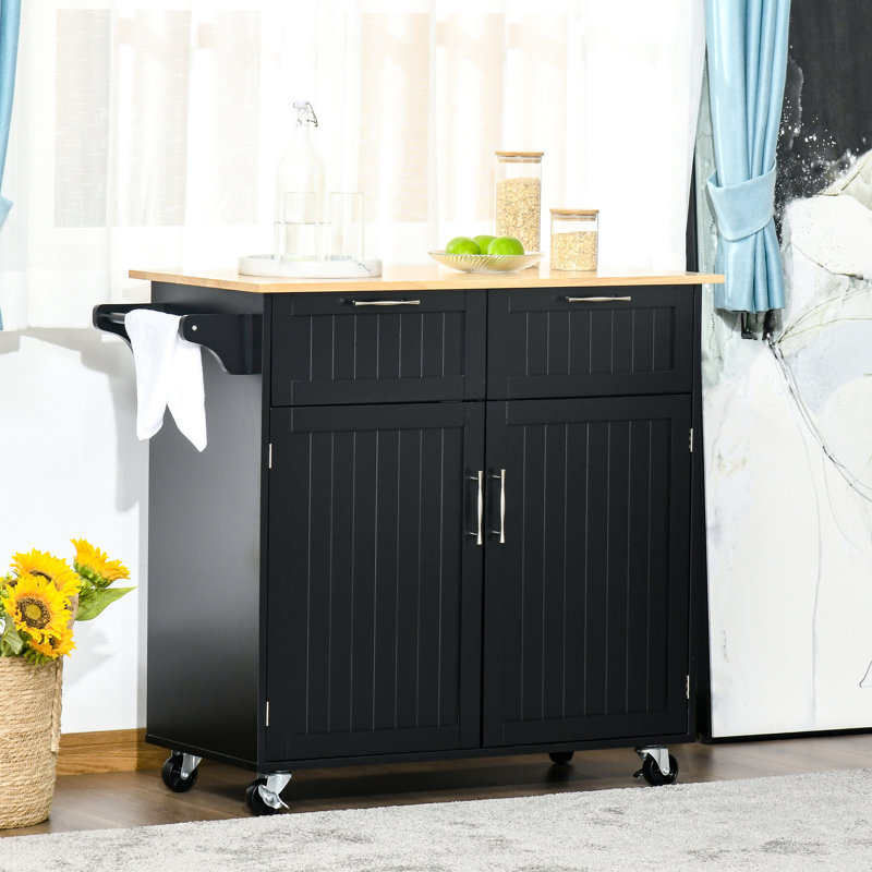 Bureau de cuisine moderne à roulettes, noir avec plateau en bois d'hévéa et roulettes pour îlot de rangement de 41 po, pour l'espace organisé