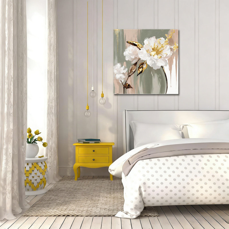 Pivoine blanche décorative dorée, art mural sans cadre, 16 x 16