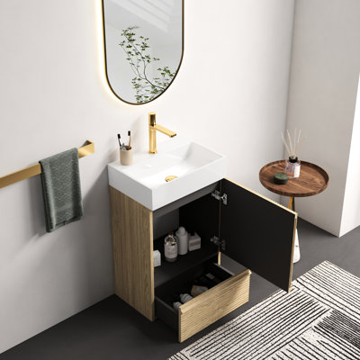 Meuble-lavabo moderne en chêne, lavabo en céramique blanche, autoportant, un lavabo, poignée dissimulée, charnières à fermeture en douceur autoportantes avec texture en chêne, rangement,