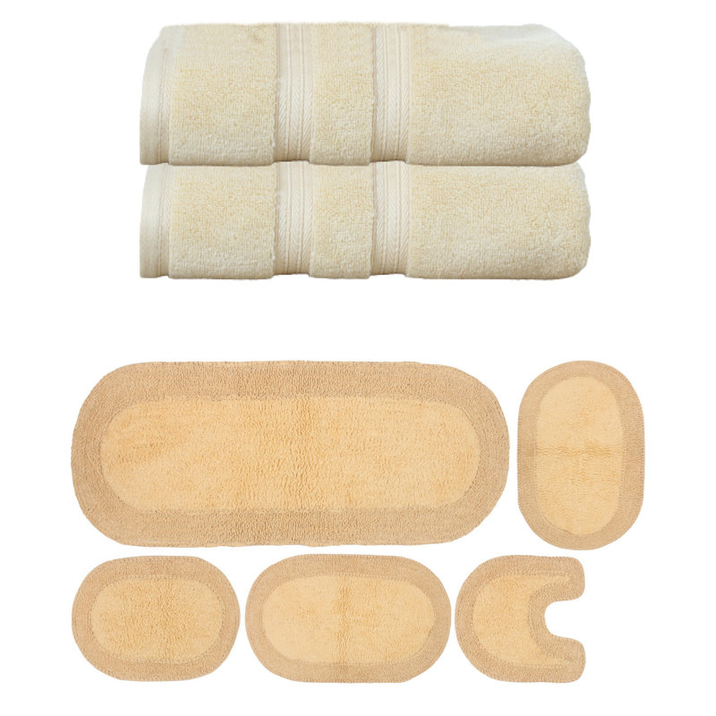 Ensemble de serviettes de bain 2 pièces et de tapis de bain 5 pièces Brunk Collection 100% coton doux (ensemble de 7), Jaune