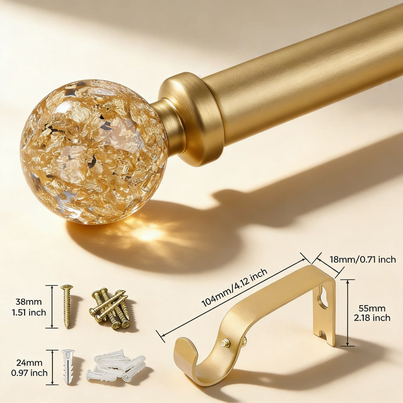 Tringle à rideaux ajustable robuste avec embouts en boule de cristal, tringle à draperie décorative de 1 pouce de diamètre pour fenêtres de 30 à 60 pouces, finition dorée moderne