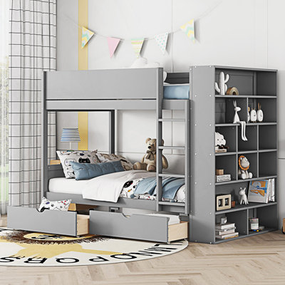 Lit superposé simple au-dessus de simple avec 2 tiroirs et armoire à couches multiples, cadre de lit
