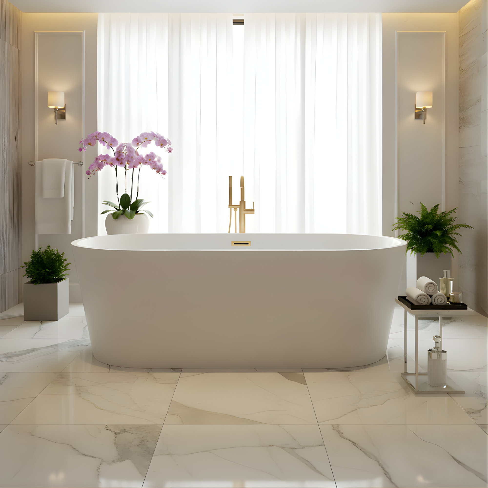 67" x 32" Freestanding Soaking Acrylic Bathtub, White/Titanium Gold