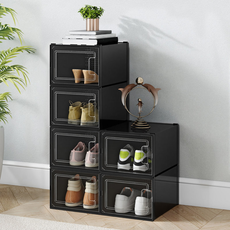 6 Pair Stackable Shoe Storage Box, Black
