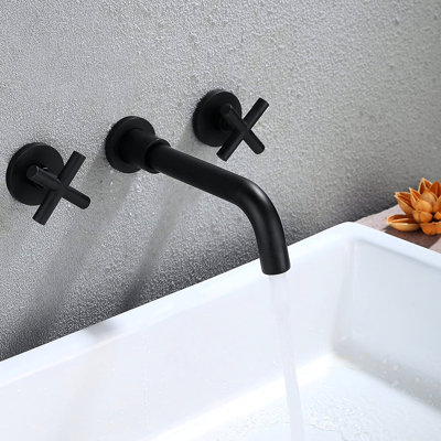 Robinet de lavabo de salle de bain mural avec poignées doubles et bonde escamotable sans trop-plein, finition noir mat, eau aérée lisse, couleur rouille,