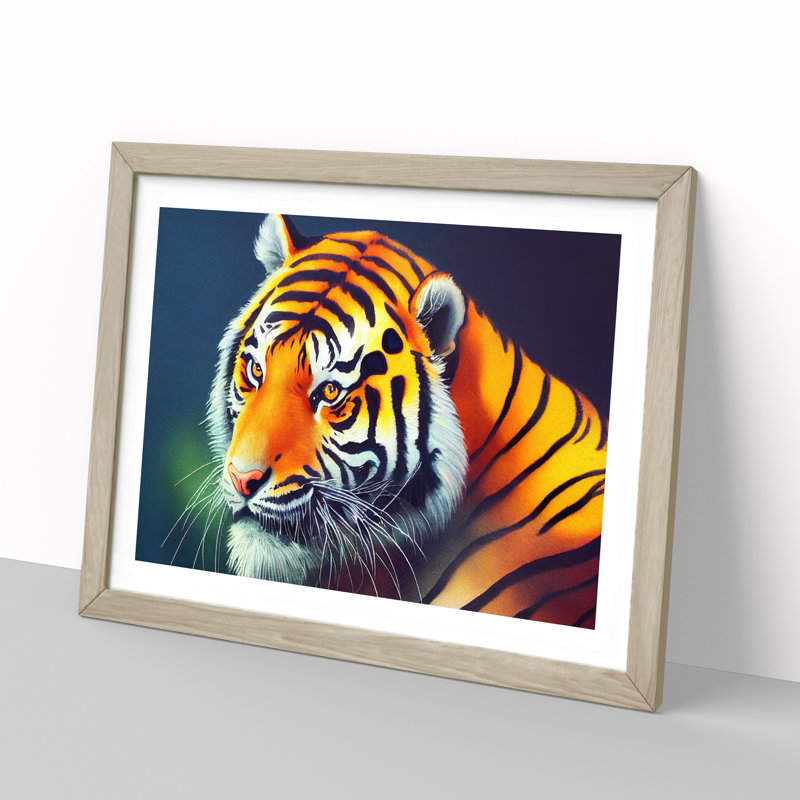 A Watercolour Tiger - Single Picture Frame Painting, 25cm H x 34cm W x 2cm D, Oak Framed
