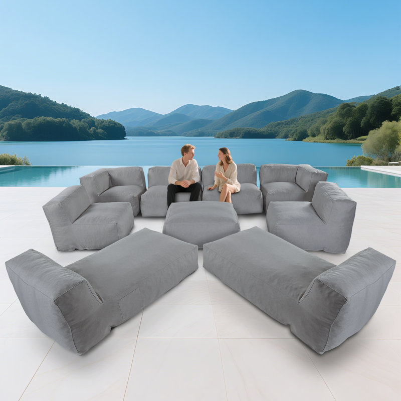 Canapé modulaire d'extérieur 9 pièces avec méridienne pour patio, jardin et piscine, Gris foncé
