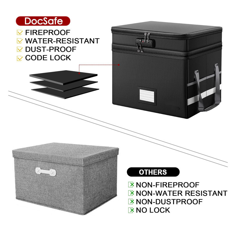 File Box With Lock,Multi-Layer Fireproof Document Box Collapsible File Storage Organizer With Pockets/Handle,Large Portable Home Office Filing Box For Hanging Letter/Legal Size Folders