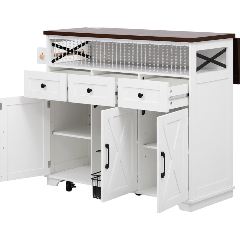 46.5'' Rolling Kitchen Island With Beaded Drape, Power Outlet, 3 Door Cabinets, Drawers, Drop Leaf Table, Adjustable Shelves, White Cart, Doors, Leaf, Internal Shelf,