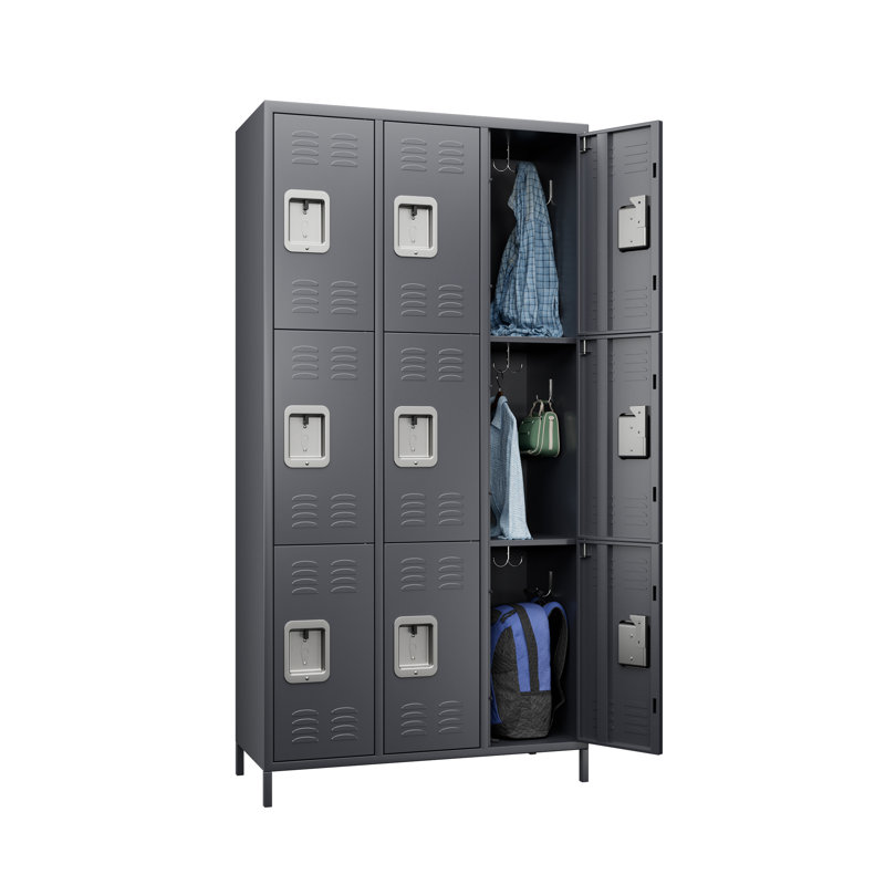 3 Tier, 9 Section Metal Lockers Armoire with 18 Hooks
