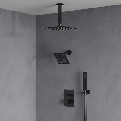 Ceiling Mount 12" High-Pressure Rainfall Shower Faucet, Dual Rainfall Shower Head System with Thermostatic Valve