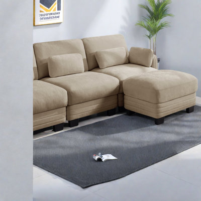 Canapés d'angle à compression, causeuse modulaire deux places en chenille camel, intérieur moderne