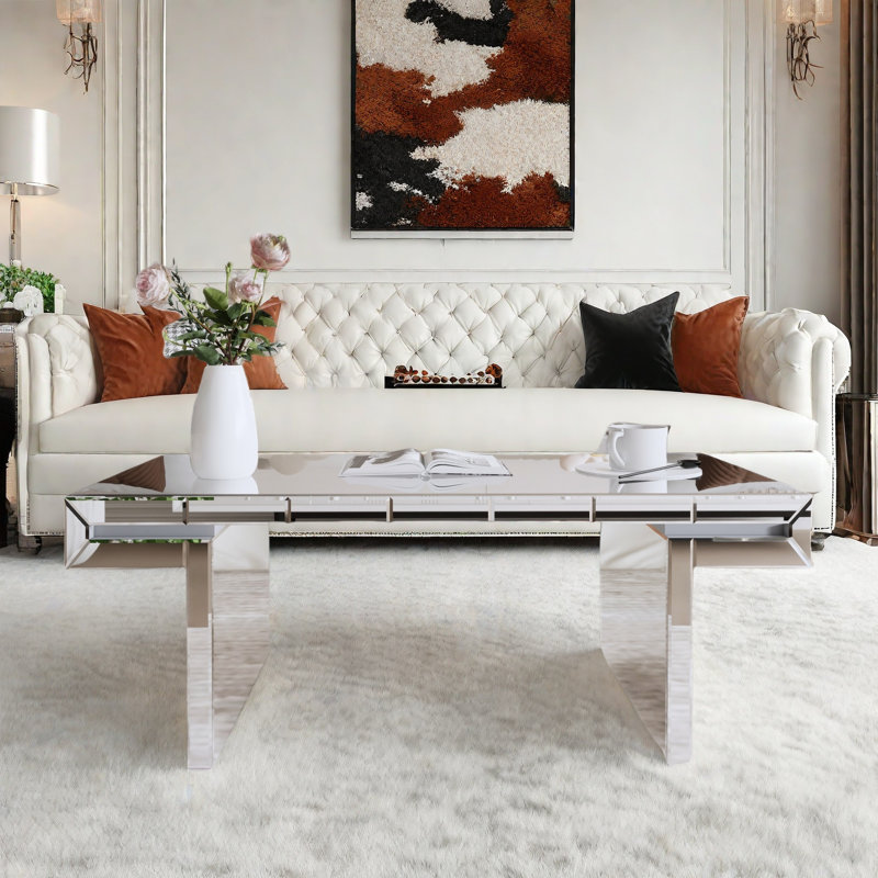 Luxury Rectangular Mirror Coffee Table With Fluted Tempered Glass And Rounded Edges