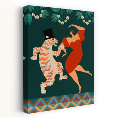 A Date With A Wild Cat Abstract Colorful Geometric Cat Tiger Animal Flower Wall Art Print 1 Piece Wrapped Canvas Wall Art