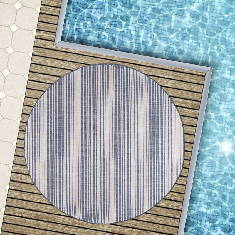 Tapis rayé bleu intérieur / extérieur Waikiki, Rond 6 pi 7 po