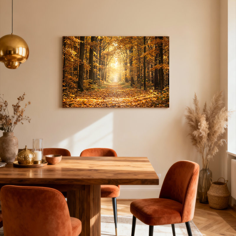 Ensemble de 1 tableau sur toile tendue représentant un chemin forestier d'automne, H 32 po x l 48 po