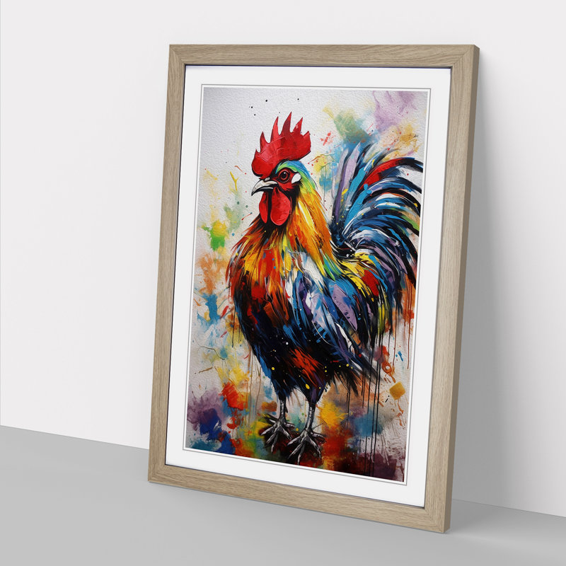 Rooster Gestural No.2 - Single Picture Frame Print on Wood, 64cm H x 46cm W x 2cm D, Oak