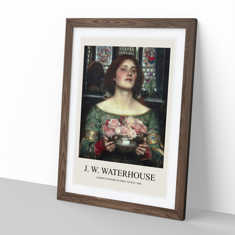 Girl With Flowers by John William Waterhouse - Single Picture Frame Print, 36cm H x 27cm W x 2cm D, Walnut Framed