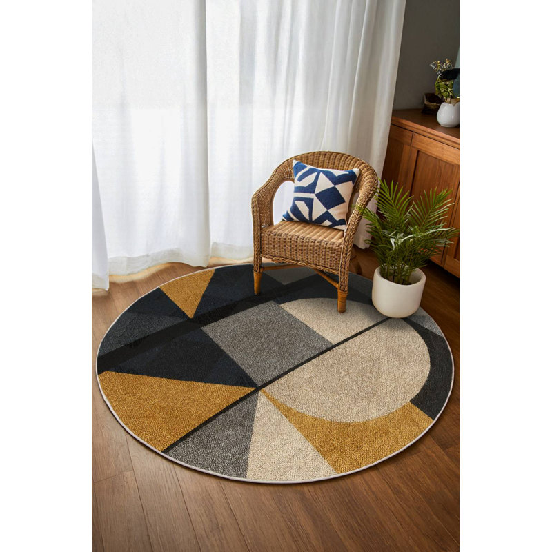 Gustin Collection Digital Print Cotton-Polyester Brown Multicolor Geometric Rug, Round 3'4"