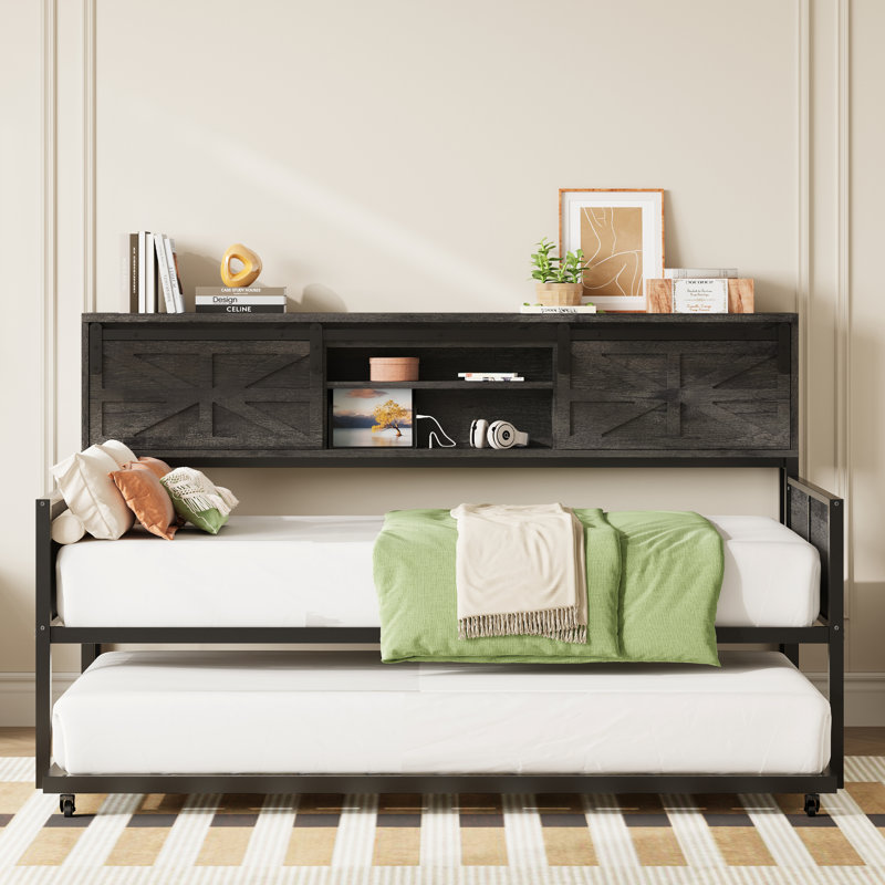 Daybed With Trundle, Rustic Bed Twin With Storage And Charging Station For Living Room, Bedroom And Guest Room, Gray