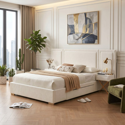 Hotel-Style Velvet Upholstered Platform Bed with Extra-Wide Headboard and Attached Nightstands