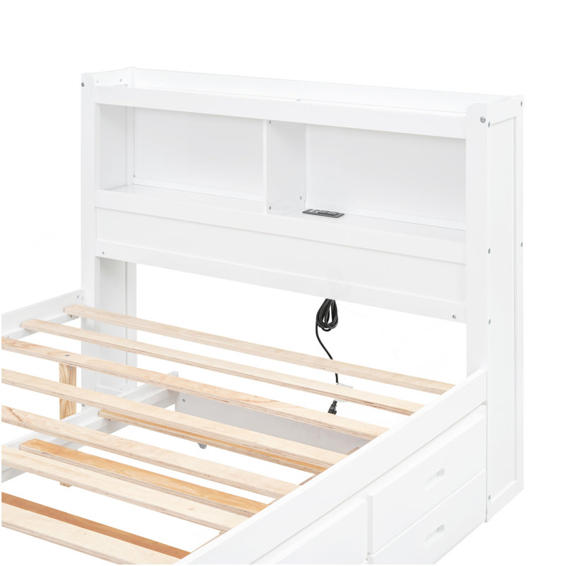 Lit plateforme double avec lit gigogne, tiroirs et prises USB, blanc