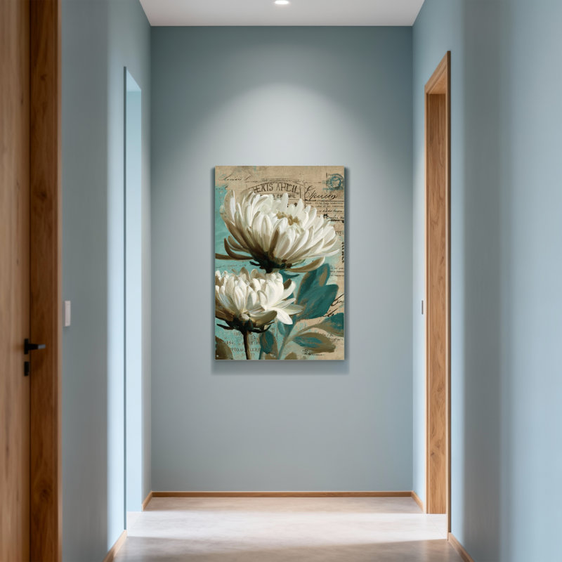 Plantes et fleurs Fleurs blanches sur fond rétro avec texte et accents bleus, H 12 po x l 18 po