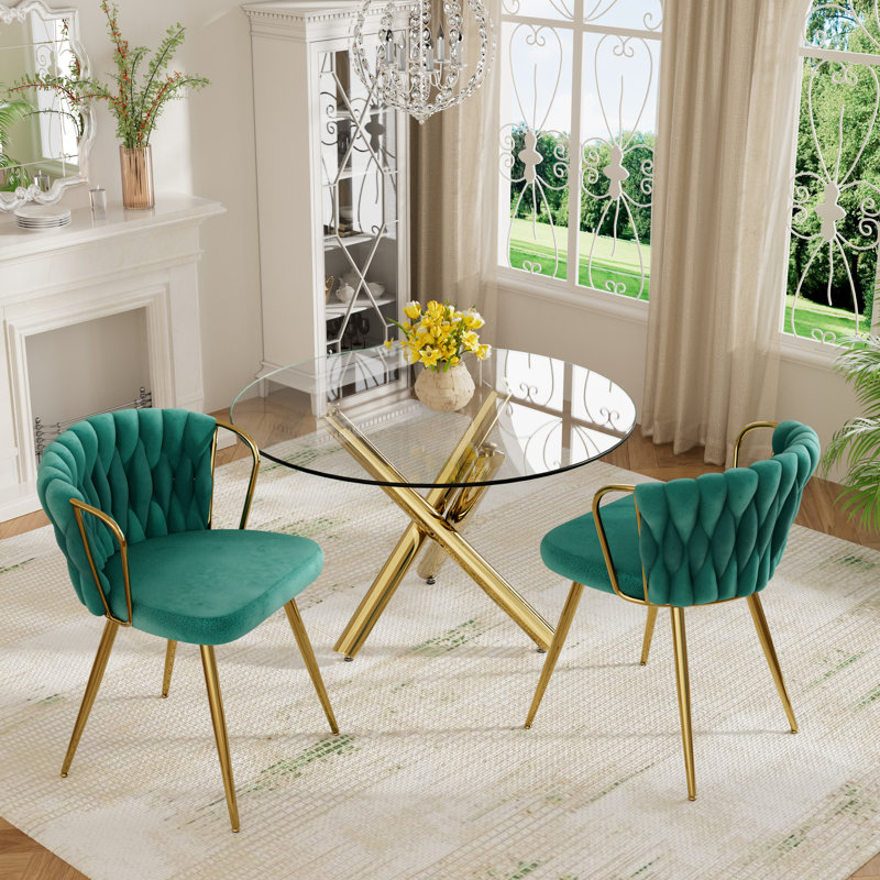 Elegant Round Glass Dining Table Set, Beige, 3 Pieces: Table, 2 Chairs, Gold