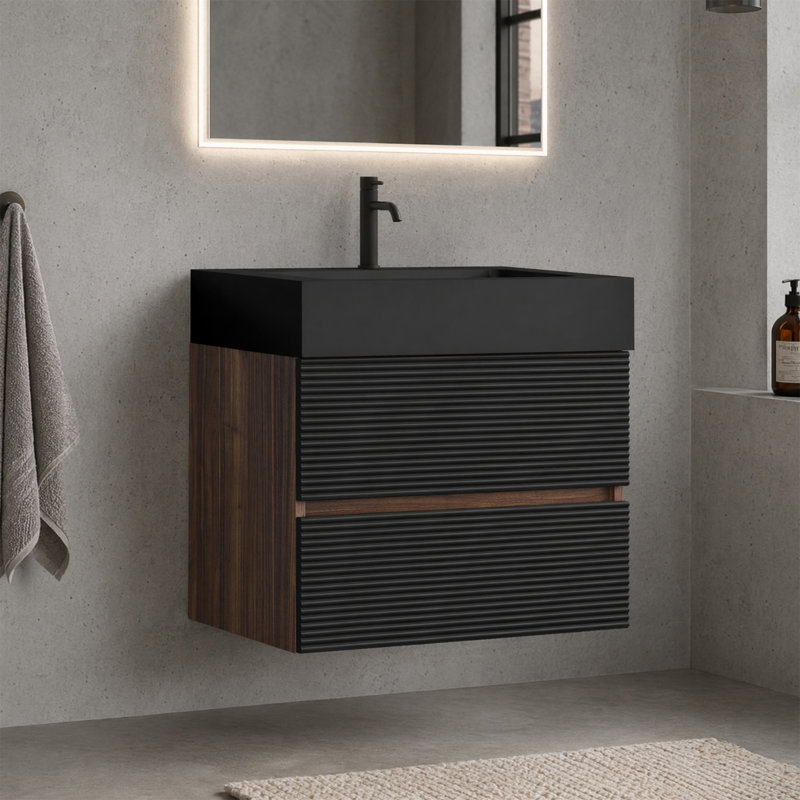 Meuble-lavabo mural 24 po, tiroirs noirs doux, lavabo à quartz noir mat, 2 tiroirs, Black