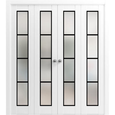 Sliding Closet Double Bi-fold Doors 96" x 96" (4* 24x96) Planum 2132 White Silk with Frosted Glass Sturdy Tracks Moldings Trims Hardware Set Wood Solid Bedroom Wardrobe Doors