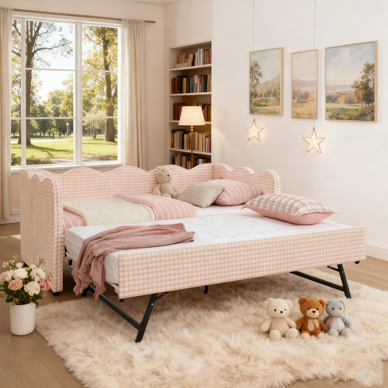 Daybed With Trundle, Sofa Bed, No Box Spring Needed, USB Port, Adorable Wave Shaped, Linen Fabric, Pink, Twin