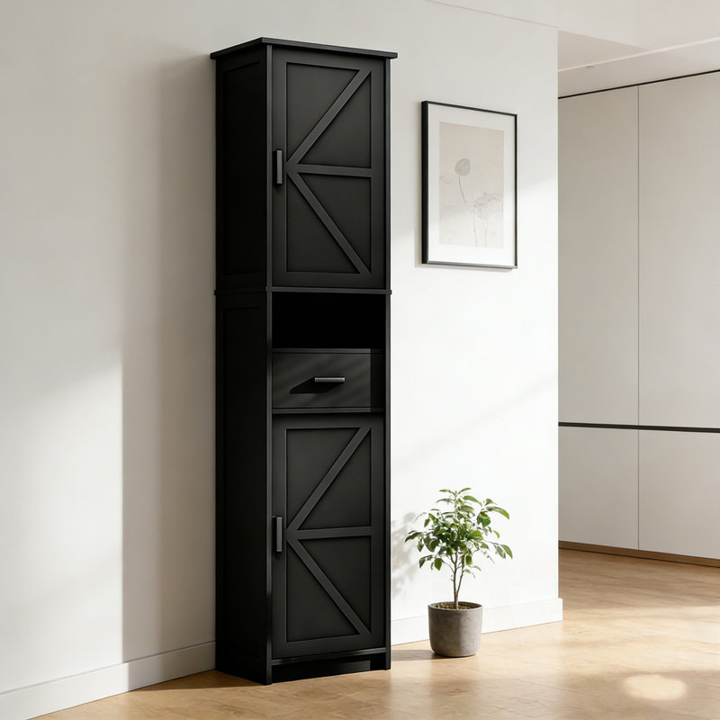 Armoire de rangement avec 2 portes de grange et 1 tiroir, Noir