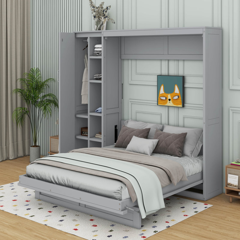 Lit escamotable mural Murphy avec tablettes, garde-robe et lumières DEL, Gris, Double
